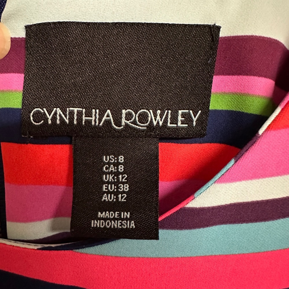 Cynthia Rowley Shift Dress Size 8 Multicolor Striped Short Sleeve Zip Back - Picture 7 of 8